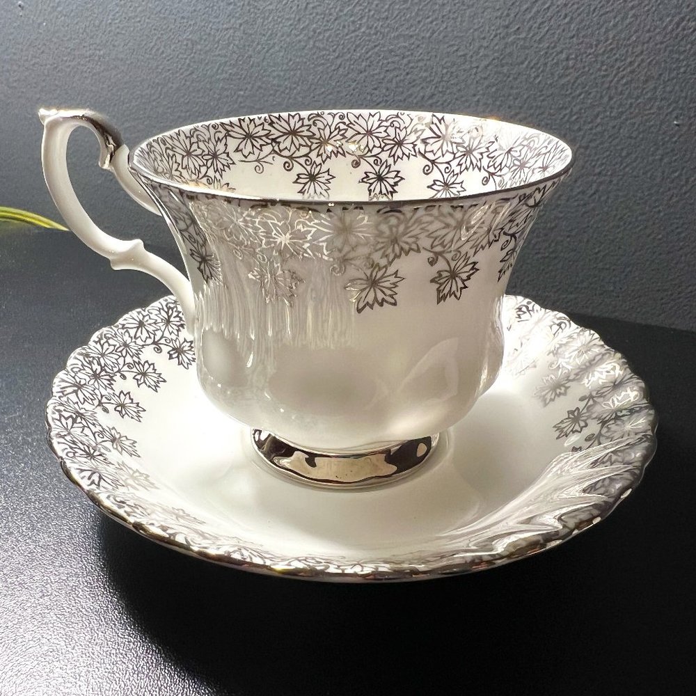 Royal Albert Victorian Vintage Silver Bone China Tea Cup and Saucer